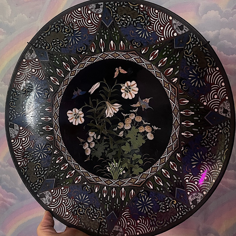 RARE ANTIQUE MEIJI floral cloisonné bronze art charger plate ready to hang